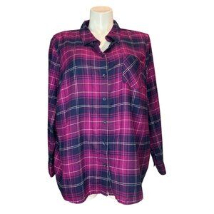 Flannel Button Up Shirt Womens 3X Long Sleeve Navy Blue Purple Casual Cotton